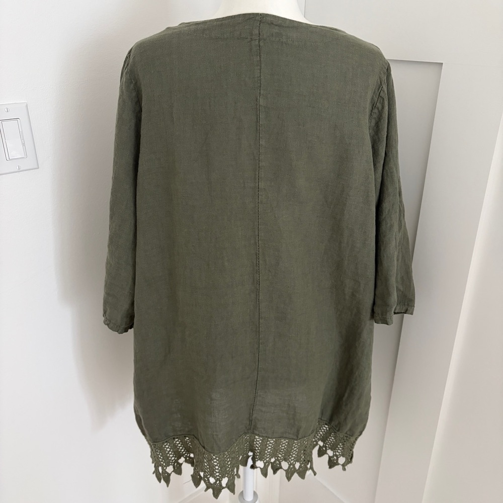 Lungo L’Arno Linen Tunic Top 1X Olive Green Boho Crochet Hem Lagenlook Italy*F1 - Picture 2 of 6